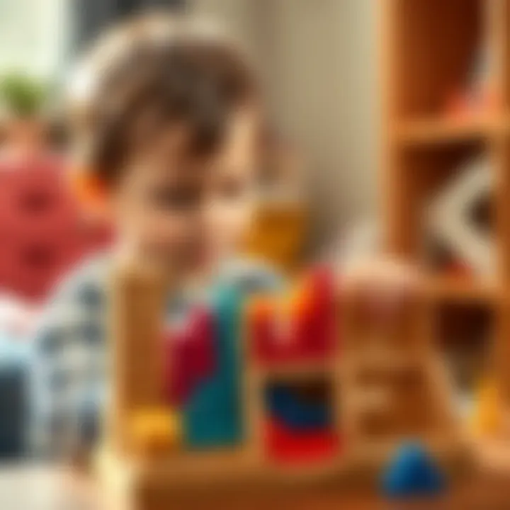 Child Engaged with Wooden Tetris Game A child engaging with a wooden Tetris game, showcasing focus and enjoyment.