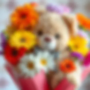 Charming teddy bear bouquet with colorful flowers