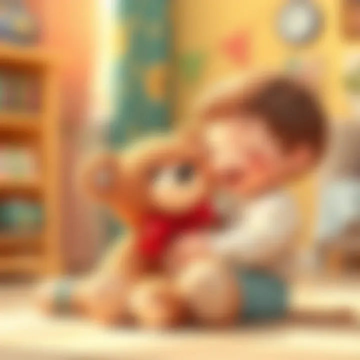Joyful Playtime with a Teddy Bear A child happily playing with a teddy bear in a bright room.