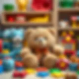 A cuddly teddy bear surrounded by colorful educational toys.