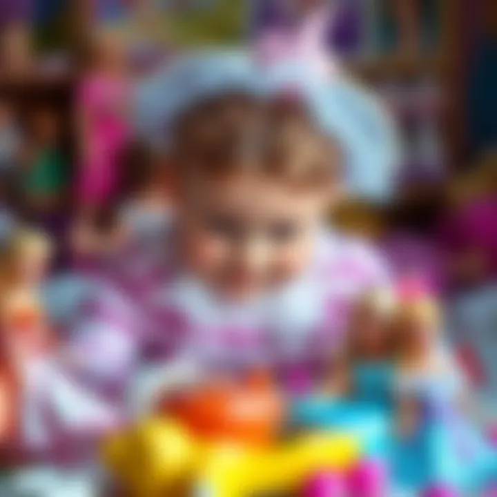 A child immersed in imaginative play with Barbie dolls and costumes