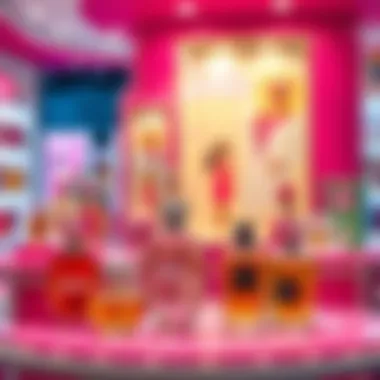 A vibrant display of Barbie perfumes in a retail setting