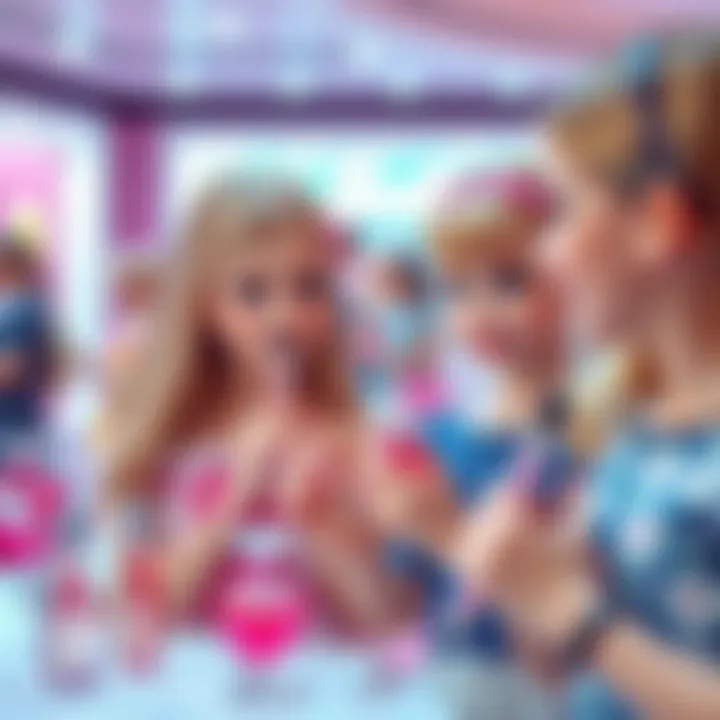 Young girls enjoying Barbie perfumes at a themed event