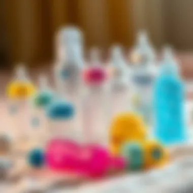 A variety of baby bottles arranged on a soft surface