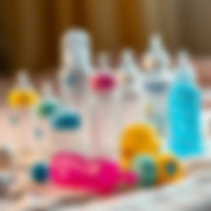 A variety of baby bottles arranged on a soft surface