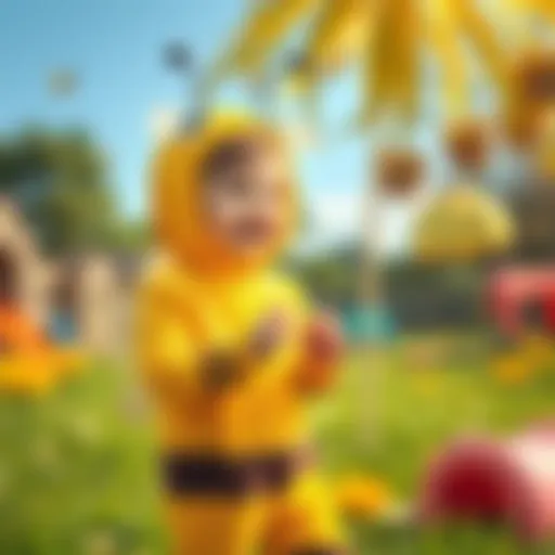 A child dressed in a vibrant bee costume enjoying outdoor play