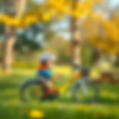 A young child learning to ride a bicycle in a park setting