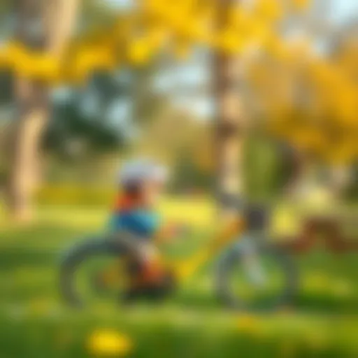 A young child learning to ride a bicycle in a park setting