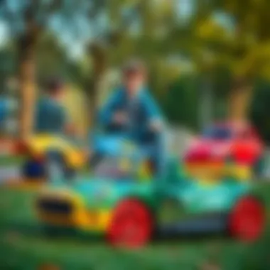 Children Engaged in Creative Play Children playing with large toy cars in a park