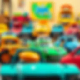 Colorful large toy cars displayed in a playroom