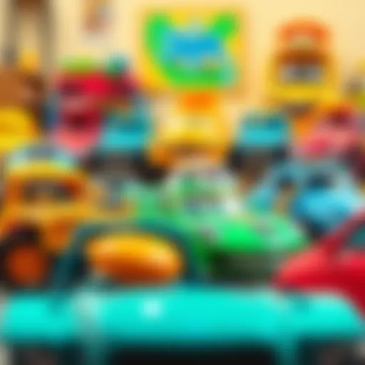Colorful large toy cars displayed in a playroom
