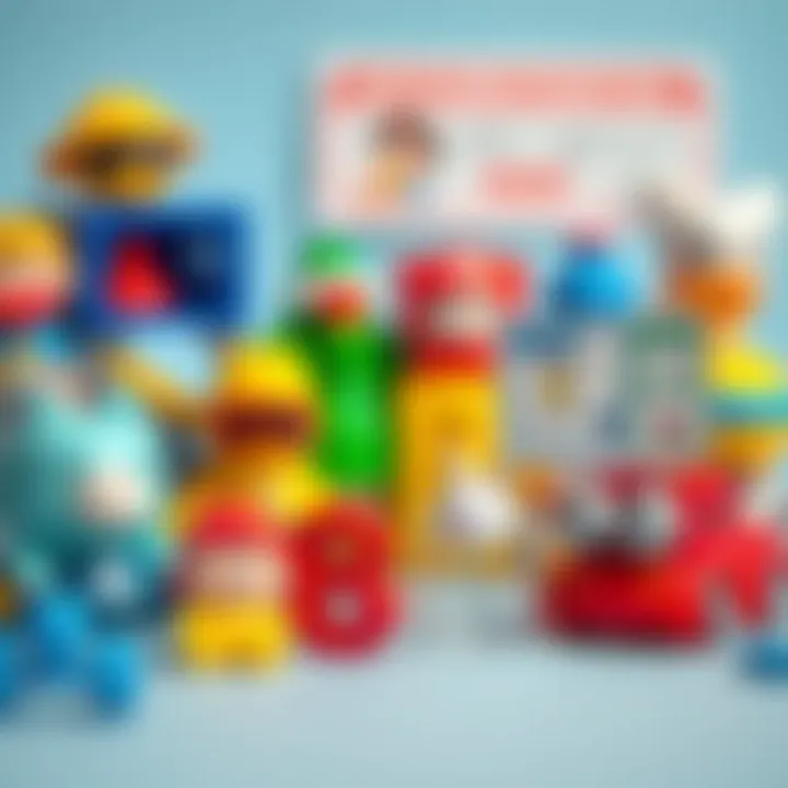 Various toys displayed with safety standards certifications.