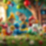 A vibrant illustration depicting iconic cartoon characters engaging in imaginative play.