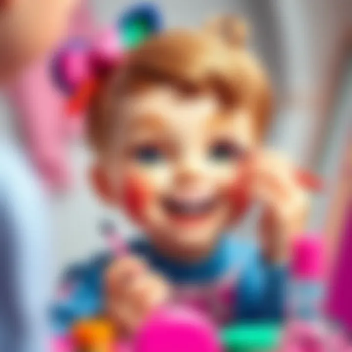 Child applying makeup with a joyful expression