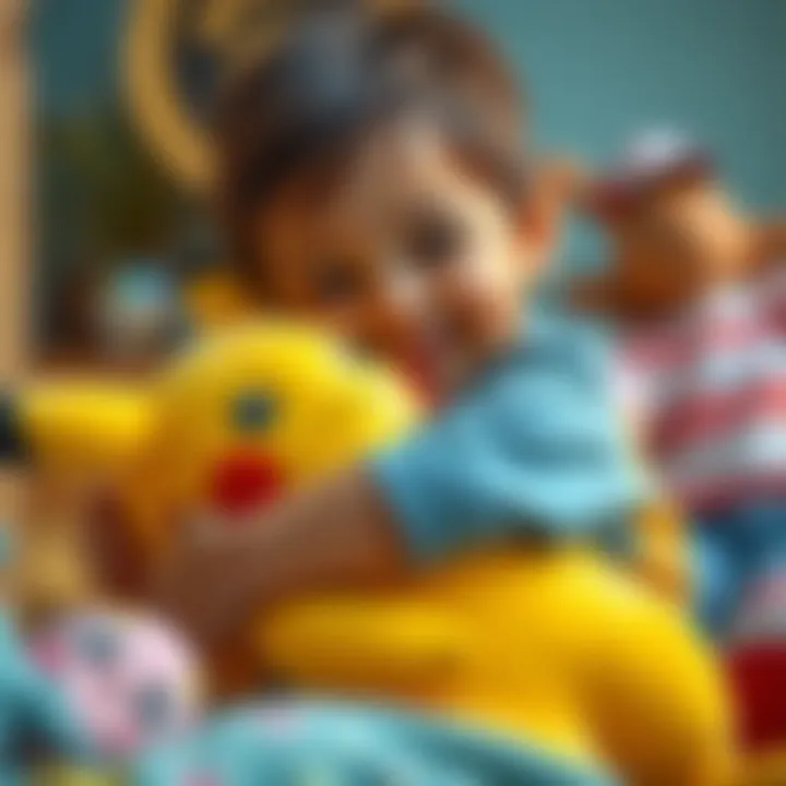 Child hugging a plush Pikachu toy with a smile