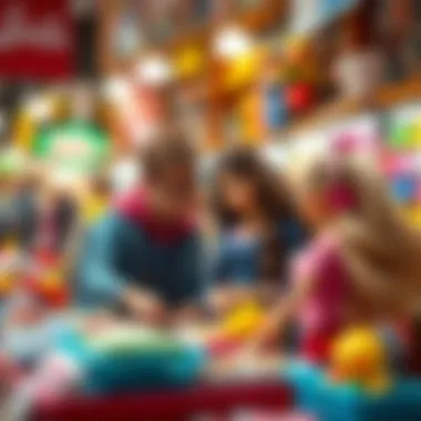 Children interacting with Barbie dolls in a local market