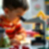 A child observing a specimen under a microscope with curiosity
