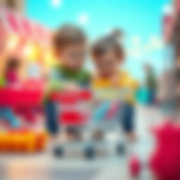 Children engaged in imaginative play with a toy shopping cart