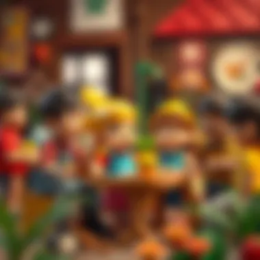 A creative depiction of children interacting with cartoon characters in a social setting.