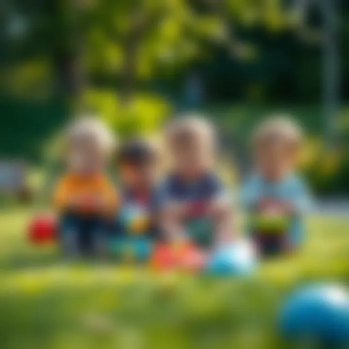 A group of delighted children playing with e-bebek toys in a park environment.