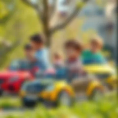 Children of Various Ages Enjoying Electric Toy Cars Diverse age group enjoying electric toy cars outdoors