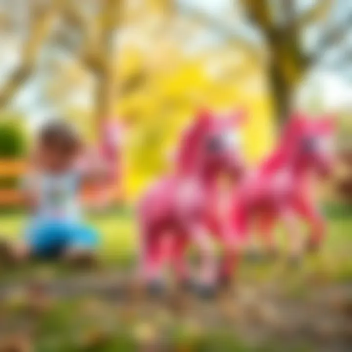 Children engaging with their pink ponies during playtime, enhancing social skills.