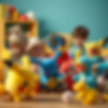 Group of children playing with various plush Pokemon characters