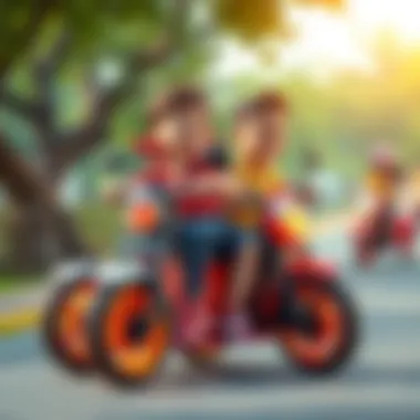Children enjoying a ride on a three-wheeled electric motorcycle