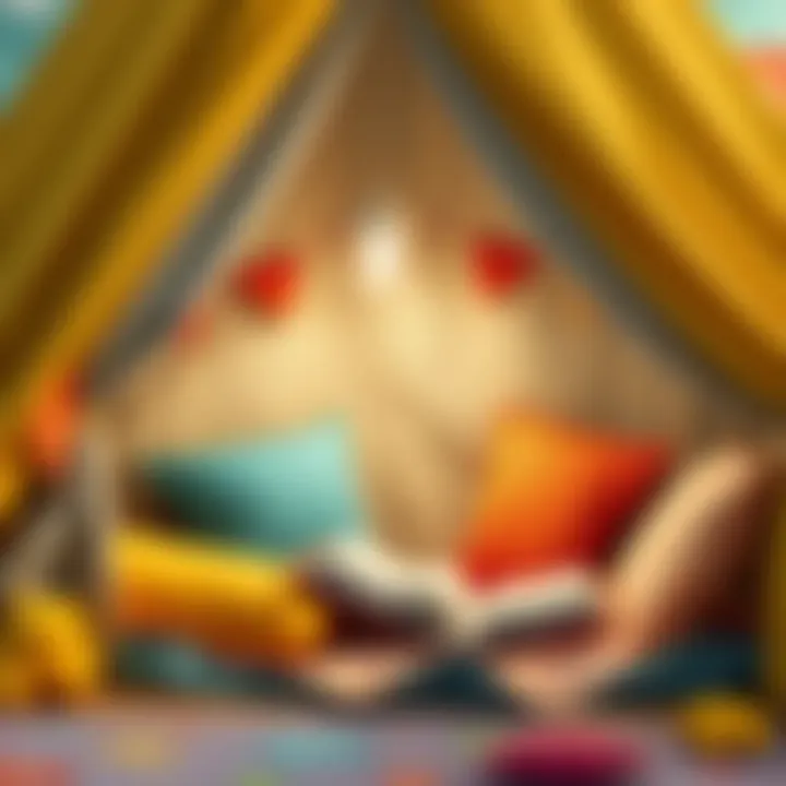 A cozy reading nook inside a children's tent with colorful cushions