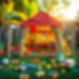 A vibrant children's tent set up in a backyard surrounded by toys and books