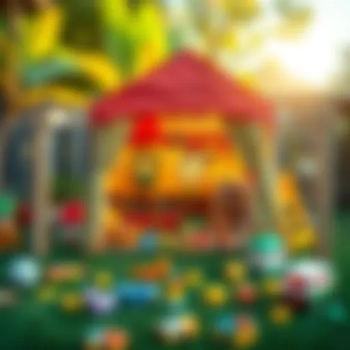 A vibrant children's tent set up in a backyard surrounded by toys and books