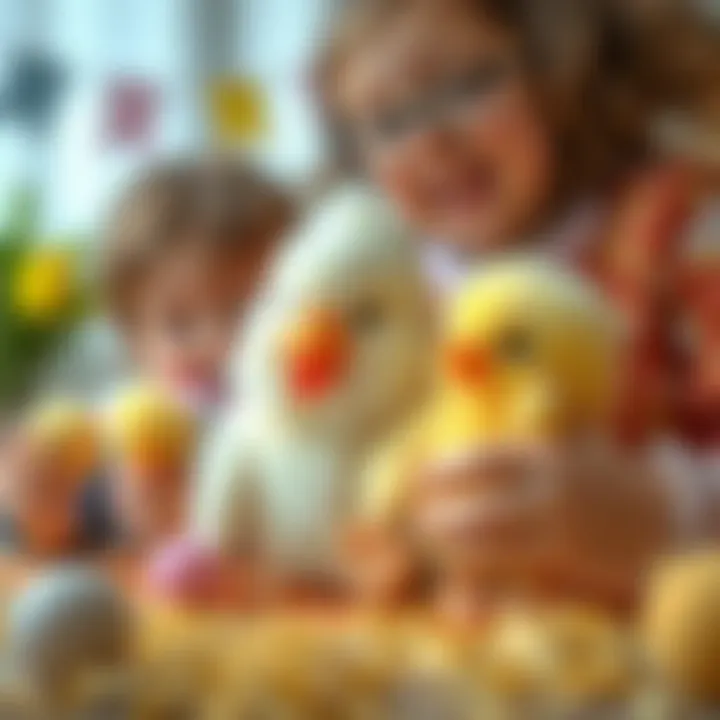 Imaginative Play with Plush Chicks Children playing with plush chick toys, showcasing imagination