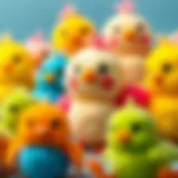Colorful plush chick toys in a playful arrangement