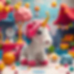 A colorful plush unicorn surrounded by imaginative play settings.