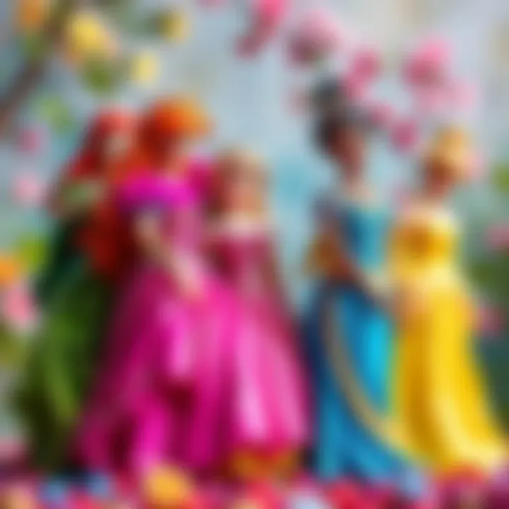 A vibrant scene capturing the essence of friendship among Disney princesses, highlighting their diverse personalities and backgrounds.
