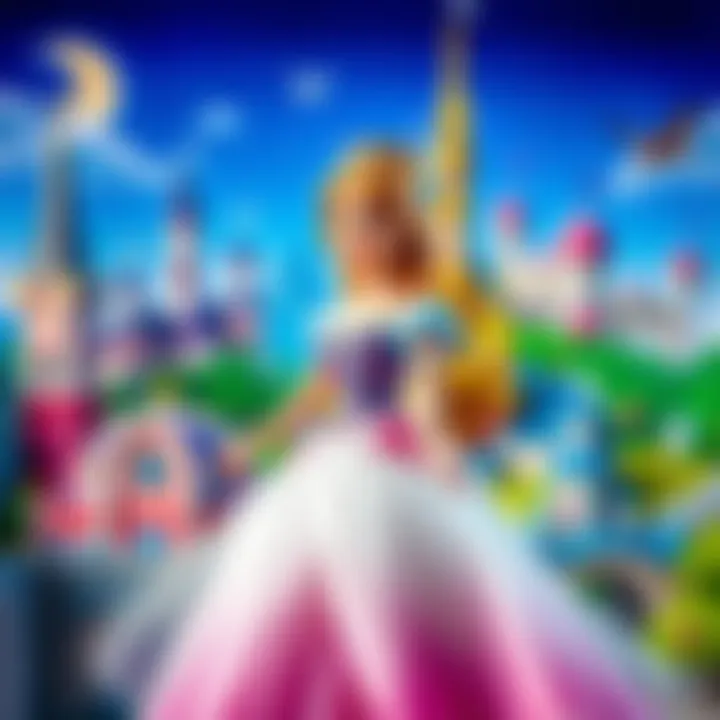 An evocative illustration of a Disney princess against a backdrop of iconic landmarks from her story, reflecting her journey and challenges.