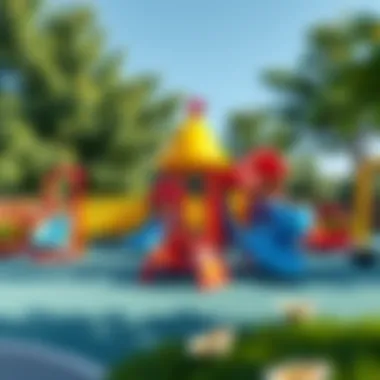 An outdoor play area with various educational games encouraging physical activity and skill development.