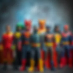 A detailed display of various superhero costumes showcasing distinct styles and colors.