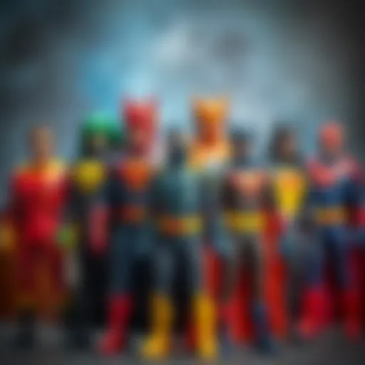 A detailed display of various superhero costumes showcasing distinct styles and colors.
