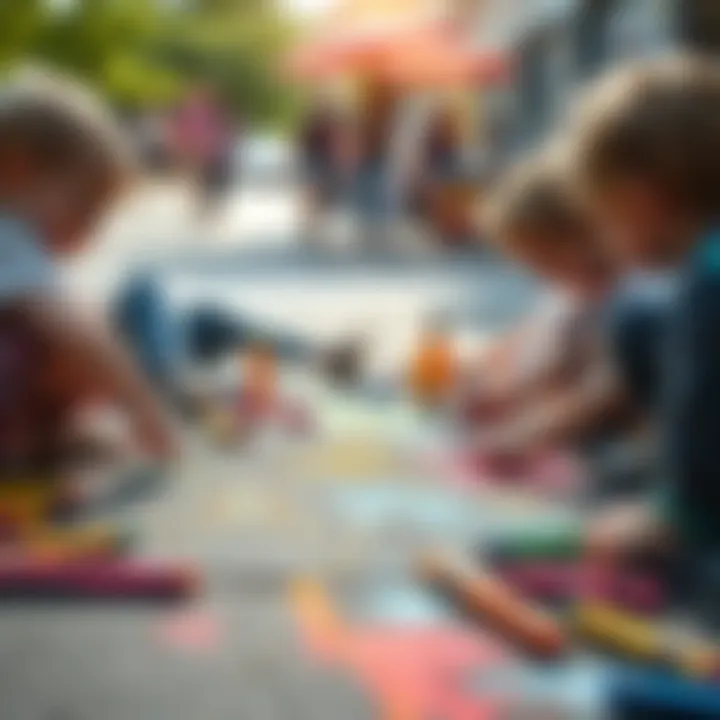 Chalk Art Creation Children creating chalk art on the pavement during a summer afternoon.