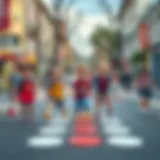 Children joyfully playing hopscotch on a city street.