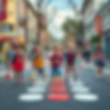 Joyful Hopscotch Game Children joyfully playing hopscotch on a city street.