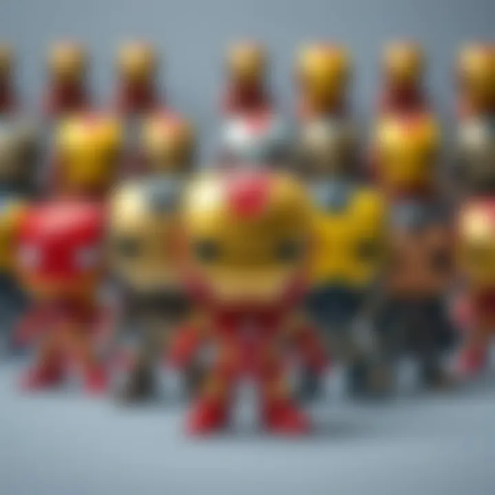 Enticing Collection of Funko Pop Iron Man A display of multiple Funko Pop Iron Man figures arranged in an enticing manner.