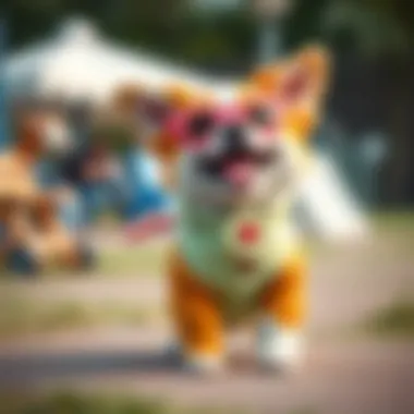 A joyful dog wearing a cute outfit at a dog park