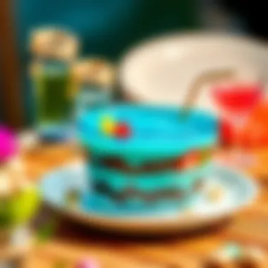 An elegant presentation of a pool-themed dessert at a summer gathering.