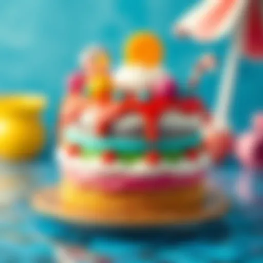 A vibrant swimming pool cake showcasing colorful layers and decorations.