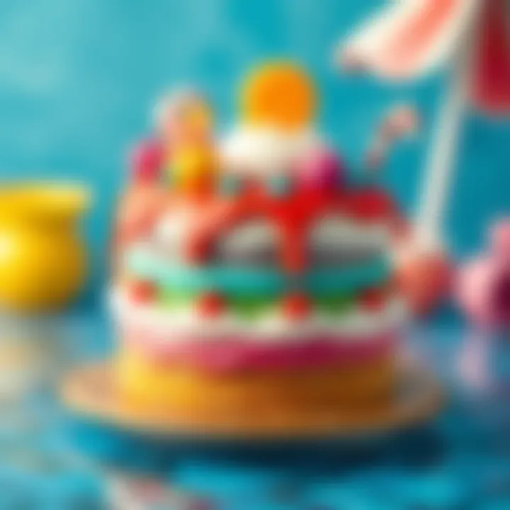 A vibrant swimming pool cake showcasing colorful layers and decorations.