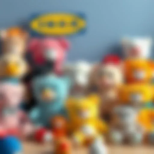 A charming display of IKEA plush toys in various shapes and colors.