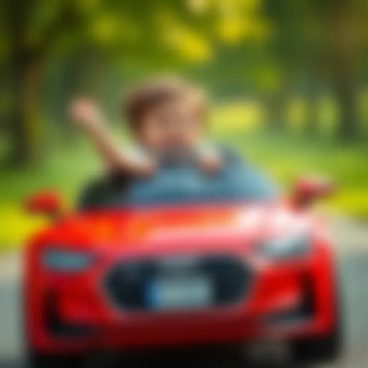 A joyful child driving a red Audi battery car
