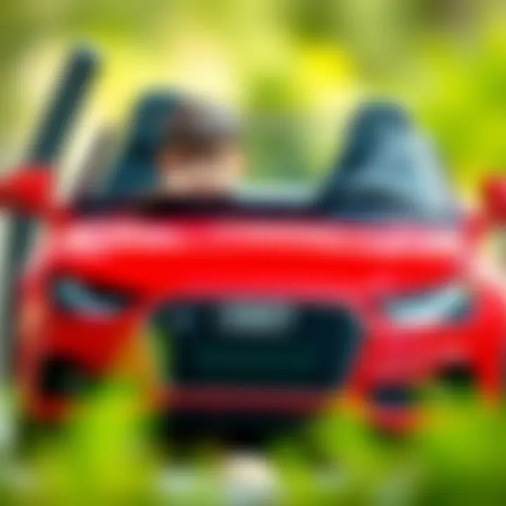 A parent supervising a child driving a red Audi car